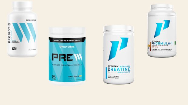Cylindrical containers of Swolverine Probiotix and Preworkout and 1st Phorm Creatine and Whey Protein Powder